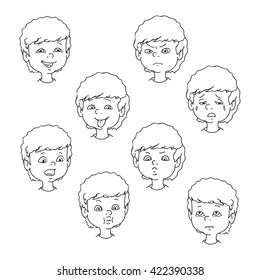 Child face emotion gestures, black and white vector illustration, set collection. Boy curly smiling, laughing, angry, crying, showing tongue, whistles, thoughtful