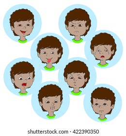 Child face emotion gestures, vector illustration, set collection. Boy smiling, laughing, angry, crying, showing tongue, whistles, thoughtful
