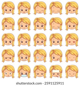 Child face expressions, girl, vector illustration, set collection