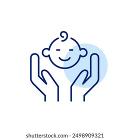 Child face in hands. Baby nurture, caregiving and adoption services. Pixel perfect, editable stroke icon