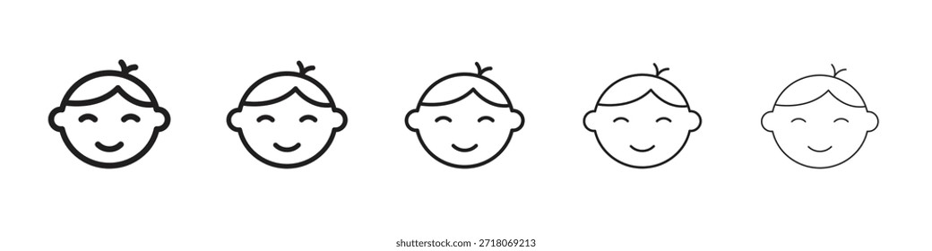 Child face icon symbol in thin line, Black outline and stroke style