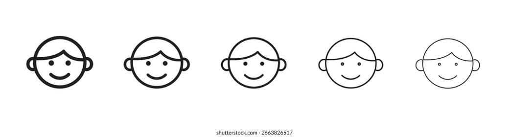 Child face icon in thin to bold stroke versions on white background
