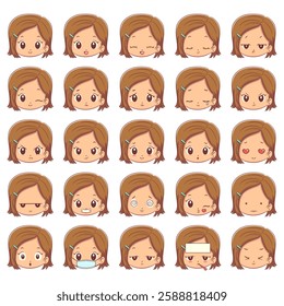 Child facial expressions, cute, girl, vector illustration, set collection