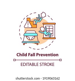 Child Fall Prevention Concept Icon. Kid Trauma And Injury Precaution. Children Protection. Child Safety Idea Thin Line Illustration. Vector Isolated Outline RGB Color Drawing. Editable Stroke