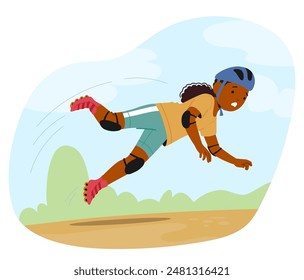 Child Falling While Roller Skating Outdoors, Girl Character Wearing Protective Gear Such As A Helmet And Knee Pads. Cartoon Vector Illustration Captures Action, Movement, And A Sense Of Adventure