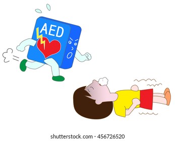 child falls down, and AED(Automated External Defibrillator) runs at emergency measures.