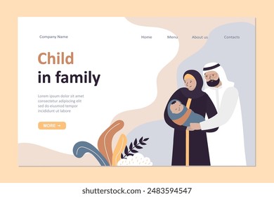 Child in family, landing page template. Young arabian love couple with newborn baby. Smiling husband and wife holding sleeping infant baby in hands. People in traditional muslim clothes. flat vector