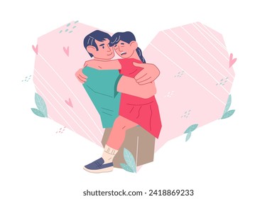 Child family support. Father helps his child cope with stress, receive care and feel protected. Power of embracing and carrying children through difficult times, flat vector illustration isolated.