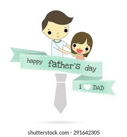child and father and blue dot ribbon with text " happy father's day , i love dad " and gray necktie.