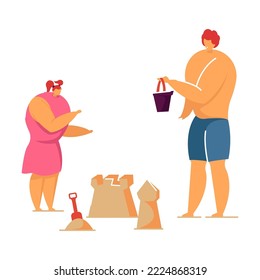 Child and father having fun on beach. Child making sand castle, dad helping flat vector illustration. Summer, childhood, vacation concept for banner, website design or landing