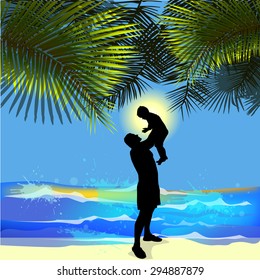  A child father the sea palm. Vector