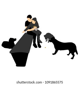 The child and father sit on a bench, dogs, silhouette on a white background