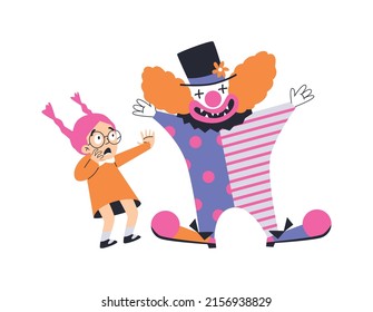 Child fear concept, little girl afraid of clowns, flat vector illustration isolated on white background. Cute cartoon character has coulrophobia. Scary clown monster at kids party.