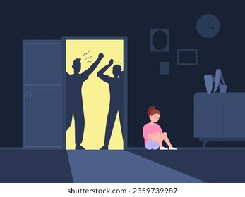 Child fear divorce. Miserable sad children from family quarrel, screaming divorced couple parents and suffering teenager girl, kids abuse or psychology violence vector illustration