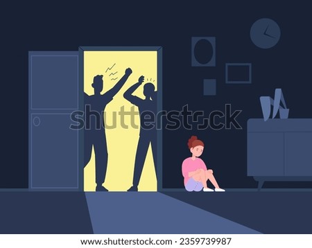 Child fear divorce. Miserable sad children from family quarrel, screaming divorced couple parents and suffering teenager girl, kids abuse or psychology violence vector illustration