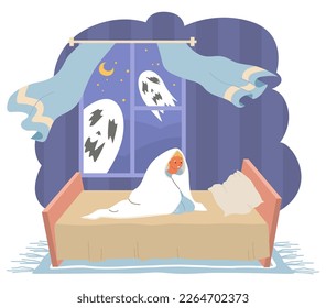 Child fears vector. Little boy afraid of ghosts illustration. Sleepless kid sitting on bed under blanket suffering from insomnia. Frightened children and terrible nightmare