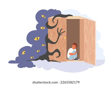 Child fears vector. Little boy suffering from nightmares flat cartoon illustration. Frightened kid character sitting in wardrobe afraid of night monsters