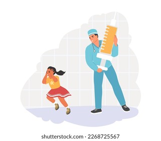 Child fears vector. Little girl running away from doctor scared of big syringe and needle for injection illustration. Children phobia and expression