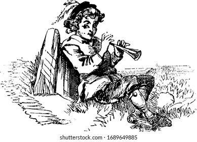 A child with feathered hat sitting near rock and playing pipe, vintage line drawing or engraving illustration