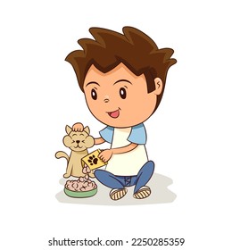 Child feeding cat cute kid caring pet