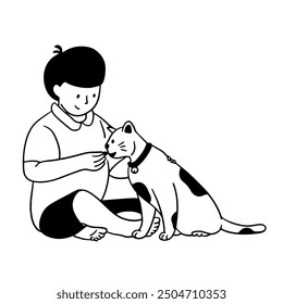Child feeding cat Handrawing illustration