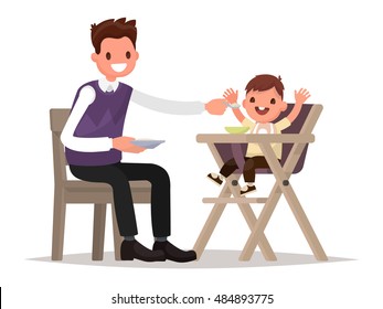 Child Feeding. Father is  feeding baby sitting in the highchair. Vector illustration of a flat design