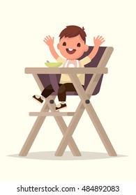 Child Feeding. Happy kid sitting on the highchair. Vector illustration of a flat design