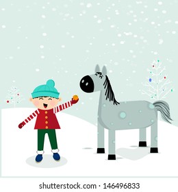 Child feeding a horse, a symbol of the new year