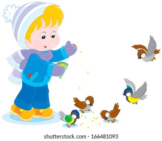 Child feeds birds