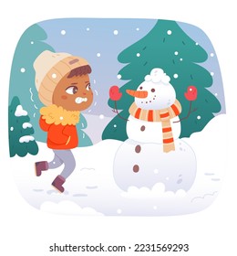 Child feeling shiver and tremble in winter weather vector illustration. Cartoon funny guy in warm clothes making snowman outdoor and shivering from cold, sick cute boy in frozen frosty nature park