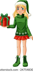Child in festive attire with a present