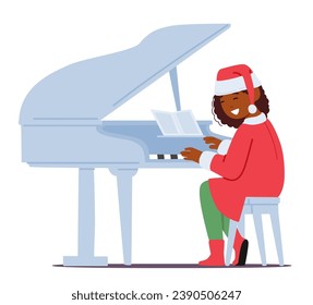 Child In A Festive Christmas Costume Plays A Grand Piano. Cheerful Black Girl Character Filling The Room With Joyful Holiday Tunes And Spreading Cheer. Cartoon People Vector Illustration
