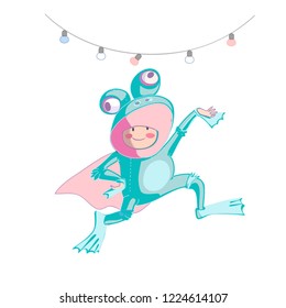 child in a festive costume. frog on a masquerade.New Year card