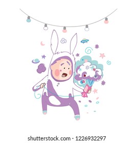 child in a festive costume of a hare with a clapper. graphic illustration.