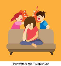 child fight and shout around parent,upset tired mother in sofa with naughty kids in cartoon flat illustration vector