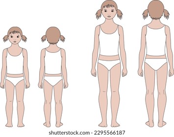 Child figure at 6 and 10 years old. Female kid silhouette. Front and back. Fashion croquis template for technical drawing. Vector illustration.