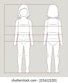 Child figure. Body proportions sewing clothing. Chest waist hips line. Girl silhouette. Front back Template for technical drawing Vector illustration.