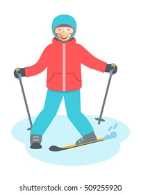 Child figure skiing vector flat illustration. Teen boy or girl coming down the slope on skis. Winter activities. Kid in ski suit playing winter sport on Christmas holidays. Moving cartoon character