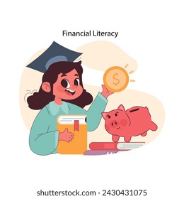 Concepto de Alfabetización financiera infantil. Una chica alegre ahorrando dinero en su alcancía, aprendiendo los fundamentos de las finanzas personales. Fomentar hábitos de dinero inteligente en los jóvenes. Ilustración vectorial plana.