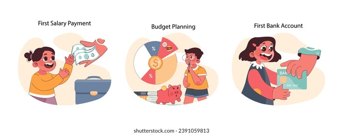 Child Financial Literacy set. Joyful introduction to earning, saving, and spending. Smart money management for kids. Financial education essentials. Flat vector illustration