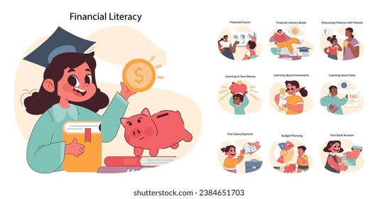 Child Financial Literacy set. Young students engaged in money management education. Savings, investments, and budgeting lessons. Piggy bank savings concept. Flat vector illustration