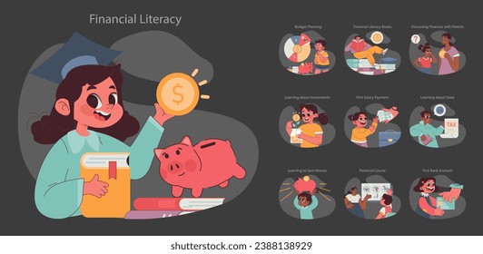 Juego de alfabetización financiera infantil. Estudiantes jóvenes se dedican a la educación en gestión de dinero. Ahorro, inversiones y lecciones de presupuestación. Concepto de ahorro bancario irregular. Ilustración vectorial plana