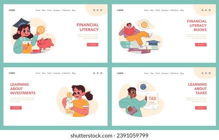 Child Financial Literacy set. Young students engaged in money management education. Savings, investments, and budgeting lessons. Piggy bank savings concept. Flat vector illustration