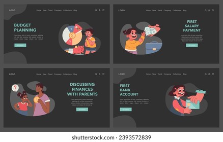 Child Financial Literacy set. Young students engaged in money management education. Savings, investments, and budgeting lessons. Piggy bank savings concept. Flat vector illustration
