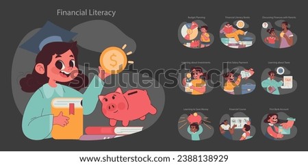 Child Financial Literacy set. Young students engaged in money management education. Savings, investments, and budgeting lessons. Piggy bank savings concept. Flat vector illustration