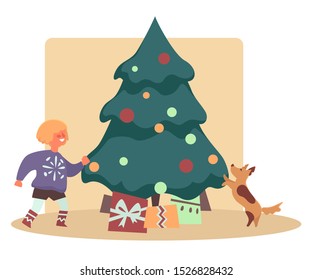Child finding wrapped presents under decorated Christmas tree. Happy kid, boy or girl, in knit sweater with snowflake print and dog, pet jumping, excited. Winter holidays flat vector illustration.