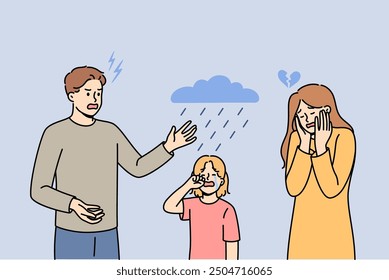 Child finds it difficult to cope with parents divorce, standing between aggressive man and upset woman. Mom and dad divorce causing stress for little daughter due to lack of common interests