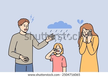 Child finds it difficult to cope with parents divorce, standing between aggressive man and upset woman. Mom and dad divorce causing stress for little daughter due to lack of common interests