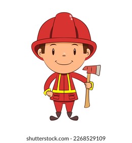 Child firefighter holding fire ax