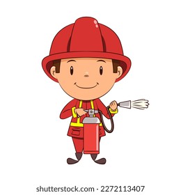 Child firefighter holding fire extinguisher